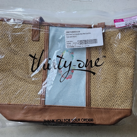 Thirty-One Little Dreamer Diamond Straw and Aqua color Shoulder Bag w/C emblem - Picture 5 of 5